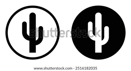 Cactus in a circle vector icon set. Desert symbol. Saguaro cactus black silhouette. Isolated on white background.