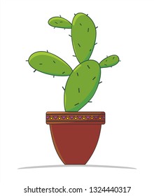 Cactus in clay flower pot with geometric pattern, isolated, vector illustration