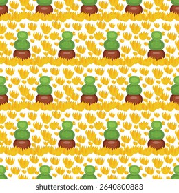 Cactus in a clay pot. Exotic plant. Seamless pattern.