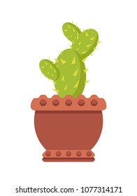 Cactus in clay pot indoor flowerpot with sharp spikes. Exotic evergreen plant from desert. House herbal in big pot isolated cartoon vector illustration