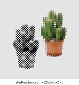 Cactus cleistocactus cluster houseplant growing in pot with sharp spines. Exotic plant with needles for home greenhouse. Cactus made of colored and black and white dots of different sizes