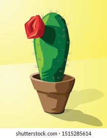 Cactus clipart with sharp needles and a single red flower planted in a small brown pot. Cactus sits on a yellow background with shadows. 