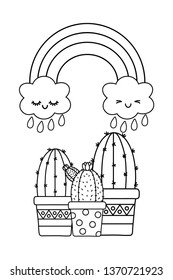cactus with cloud and rainbow black and white