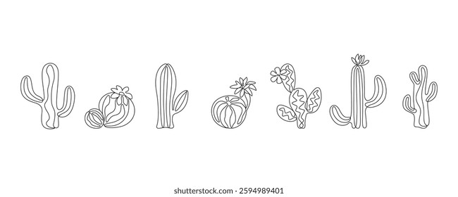 Cactus collection, drawn with continuous line in minimalism, abstract, pachycereus, prickly pear, flower, one line, editable vector contour