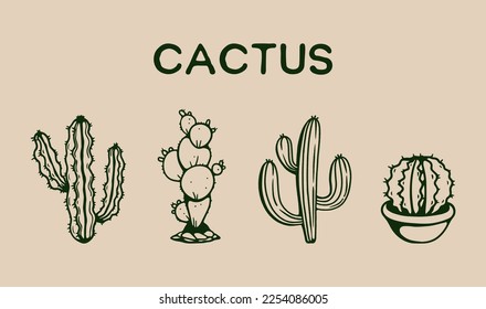 Ilustración vectorial del dibujo manual de la colección Cactus. Juego de cactus