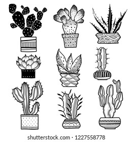 Cactus collection. Hand drawn vector set with outline cactuses in flowerpots. Isolated on white background. 
