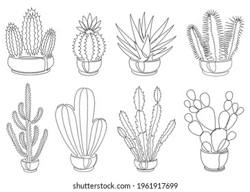 Cactus collection. Indoor potted plant in modern trendy single line style. Solid line, outline for decor, posters, stickers, logo. Vector illustration set.