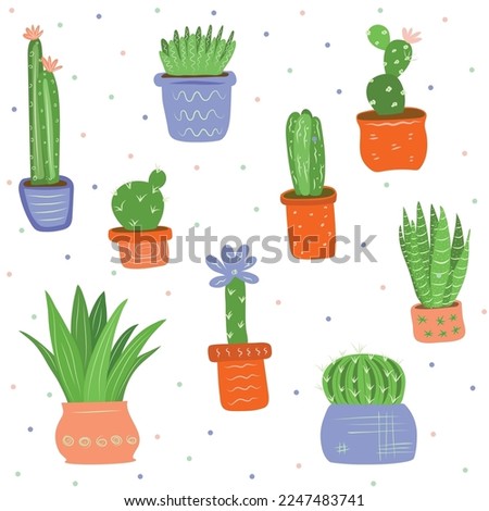 Cactus collection with purple and teracotta pots, blooming flowers and ornaments on a colorful polka dots and white background