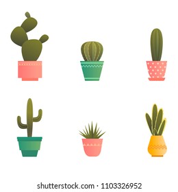 Cactus collection set. Vector icons on a white background. Illustration of green home plants in flower pots. Perfect for backgrounds, patterns and textures