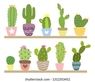 Cactus collection vector hand drawn spring green succulent pot cute shelf flower objects