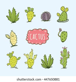 Cactus collection in vector illustration. Hand drawn cartoon Illustration.