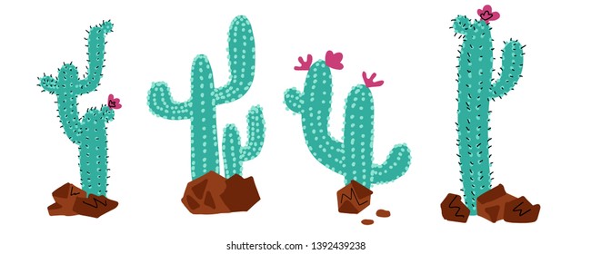 Cactus Collections Set. Cacti plant, vector stipple hand drawn doodle color concept. Wild desert cactuses with flowers and stones. Houseplants scandinavian illustrations. Succulents sketch cliparts