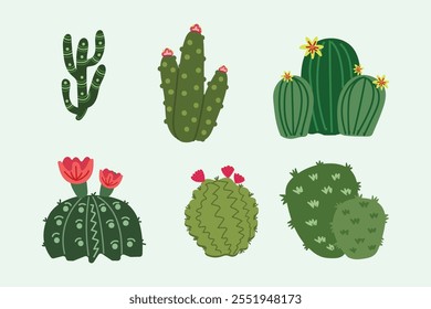 Conjunto de Coleções Cactus. Rabiscos desenhados à mão de elementos de cactos. Ilustração vetorial colorida.