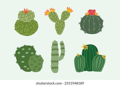 Cactus Collections Set. Hand drawn doodles of cactus elements. Colorful vector illustration.