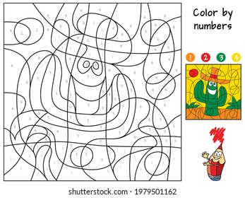 Cactus. Color by numbers. Coloring book. Educational puzzle game for children. Cartoon vector illustration