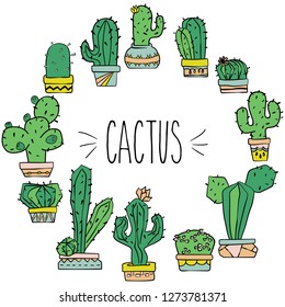 Cactus Colored, House Potted Plants, freehand, Flower Blossom, Decorative,Tropical, Cute Home, Nature, Botanical Illustration, Collection, Flowerpot, Exotic Garden, Desert, Aloe Vera, Mexican, vector