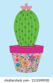 Cactus in a colorful floral pot. vector wall paper