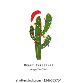 Cactus with colorful light bulb and santa claus hat. Merry christmas and happy new year greeting card