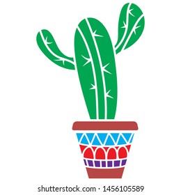 Cactus in the colorful pot inspired by Mexican art. 