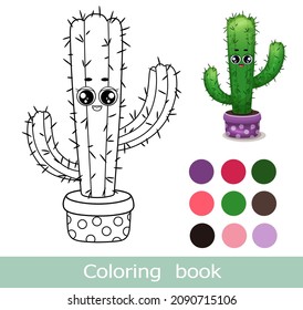 Cactus coloring book page. Kaktuspflanze im Topf. Einziger Umriss. Kinder färben Buchseite. Arbeitsblatt. Farbbuch für Kinder. Aktivitätsspiel. Druckbare bunter Cartoon lustige Kaktus in Blumentopf.