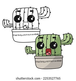 Cactus coloring book page. Cactus in pot