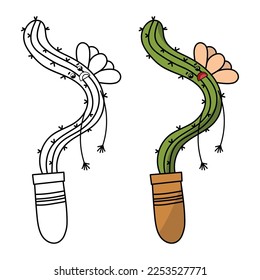 Cactus coloring book page. Cactus in pot