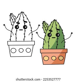 Cactus coloring book page. Cactus in pot
