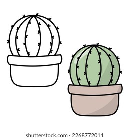Cactus coloring book page. Cactus in a pot. Isolat