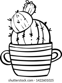 Cactus for coloring books or page. Funny cute cactus with black contour. Hygge. Home ornamental plant or mexican plant. - Vector. Vector illustration.