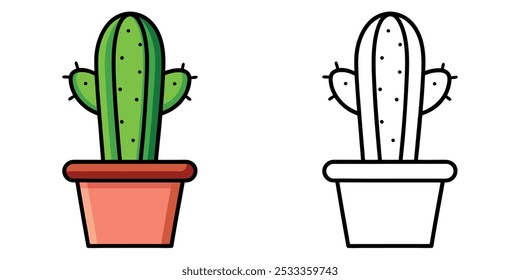 Cactus Coloring Page For Kids. Cactus Coloring Book Printable. Cactus In A Pot Vector Illustration