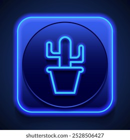 Cactus colour simple icon vector. Flat design. Blue neon style on button. With shadow.ai
