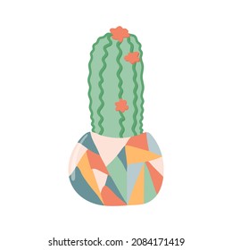Cactus in colourful pot cartoon vector illustration.	