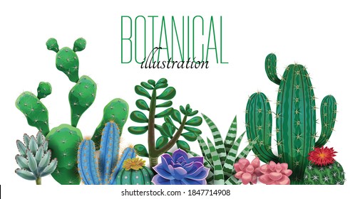 Cactus composition with editable ornate text and images of cactus plants of different species and shape vector illustration