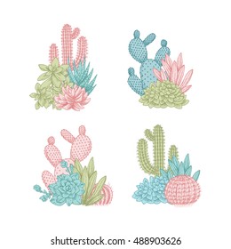 Cactus compositions. Sketchy style illustration. Succulent collection. Vector illustration