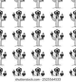 Cactus with coquette bows black outline seamless pattern. Western illustration.