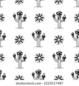 Cactus with coquette bows and sun black outline seamless pattern. Western illustration.
