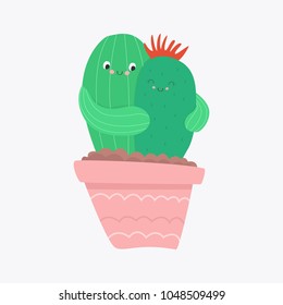 Cactus couple in love. Vector flat illustration.