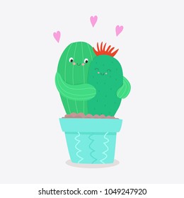 Cactus couple in love. Vector flat illustration.