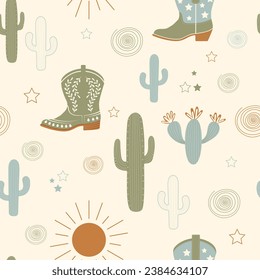 Cactus and cowboy boots. Seamless pattern. Wild West fashion style. Cowboy western . Hand drawn colored flat vector illustration.