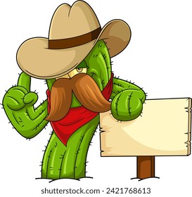 Cactus Cowboy Cartoon Character With Wooden Blank Sign. Vector Hand Drawn Illustration Isolated On Transparent Background