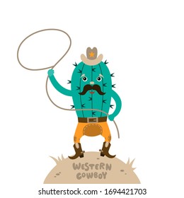 Cactus cowboy character. Vector flat illustration with western cowboy.