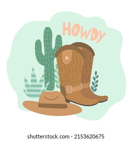 Cactus, cowboy hat, cowboy boots and plants on white background. Wild west hand drawn vector illustration.