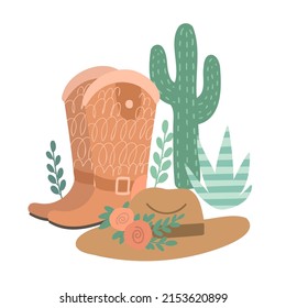 Cactus, cowboy hat, cowboy boots and plants on white background. Wild west hand drawn vector illustration.