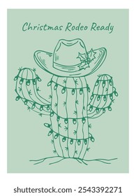 Cactus in a cowboy hat and festive lights decor holiday card. Western Christmas tree hand drawn line art vector illustration.