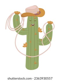 Cactus cowboy with stetson hat and lasso rope, cute color vector illustration made in boho style