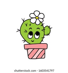 Cactus cute kawaii with eyes in a pink pot with chamomile
 . Vector illustration.Form for banners, postcards. Nature