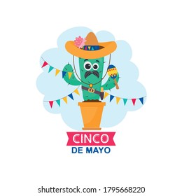 Cactus cute kawaii in sombrero which playing maracas . Cinco de Mayo - Mexican cactus-emblem logo design for banner, poster. Vector illustration