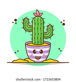 Cactus Cute on Pot Vector Illustration. Cute Kawaii Cactus Icon Concept. Flat Cartoon Style Suitable for Sticker, Wallpaper, Icon, etc.