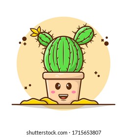 Cactus Cute on Pot Vector Illustration. Cute Kawaii Cactus Icon Concept. Flat Cartoon Style Suitable for Sticker, Wallpaper, Icon, etc.