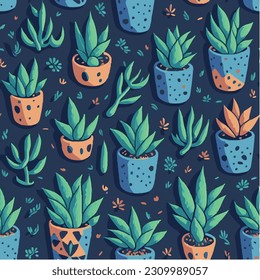 Cactus in cute pots seamless pattern. Simple cartoon plant vector illustration. 